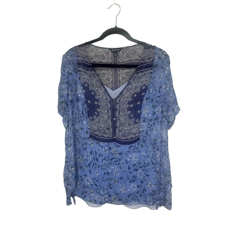Lucky Brand Top Womens 2X Floral Bandana Print Sheer Gauzy Boho Slit Sleeve